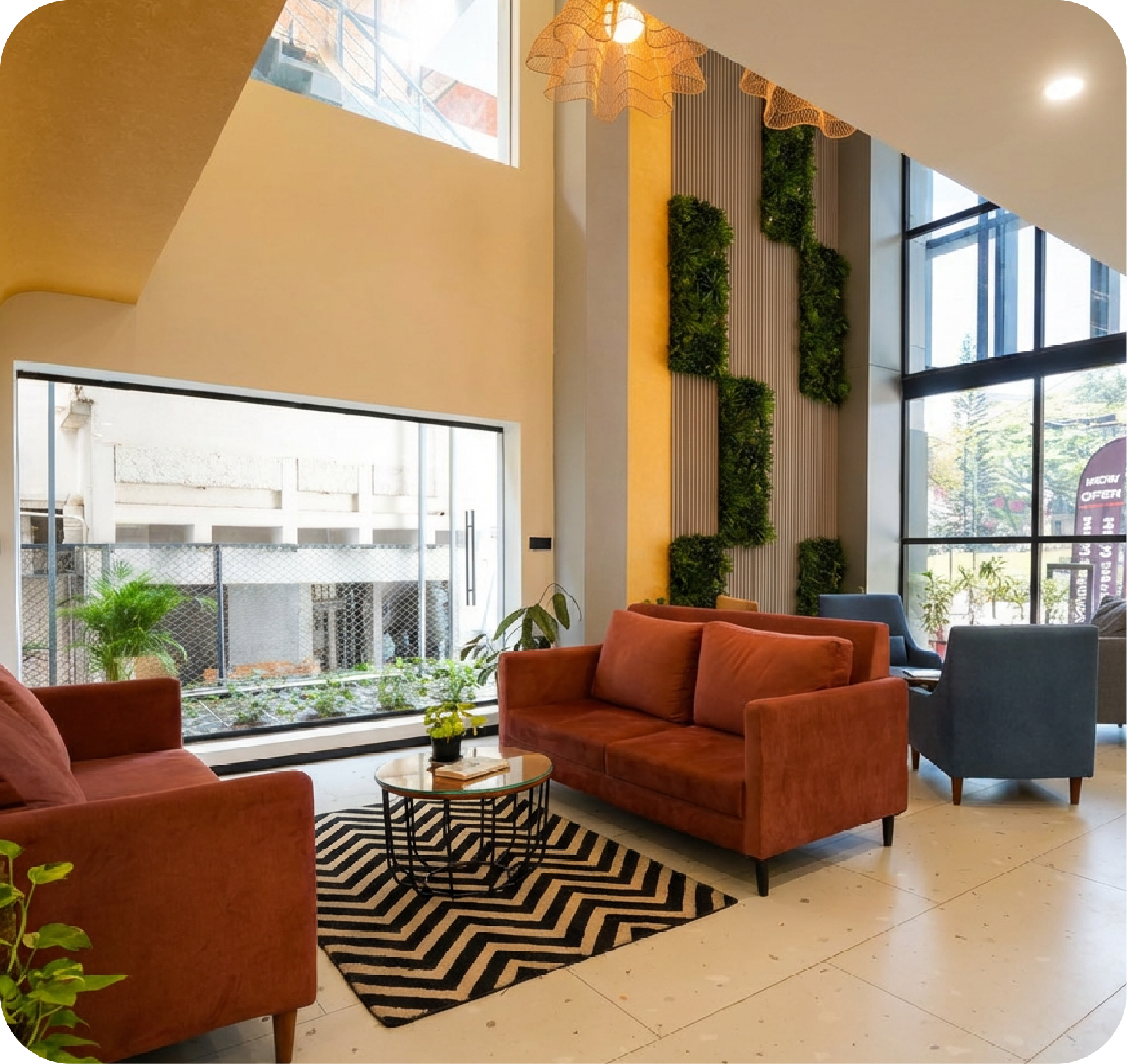 Waiting lounge with couch and greenery in managed office space